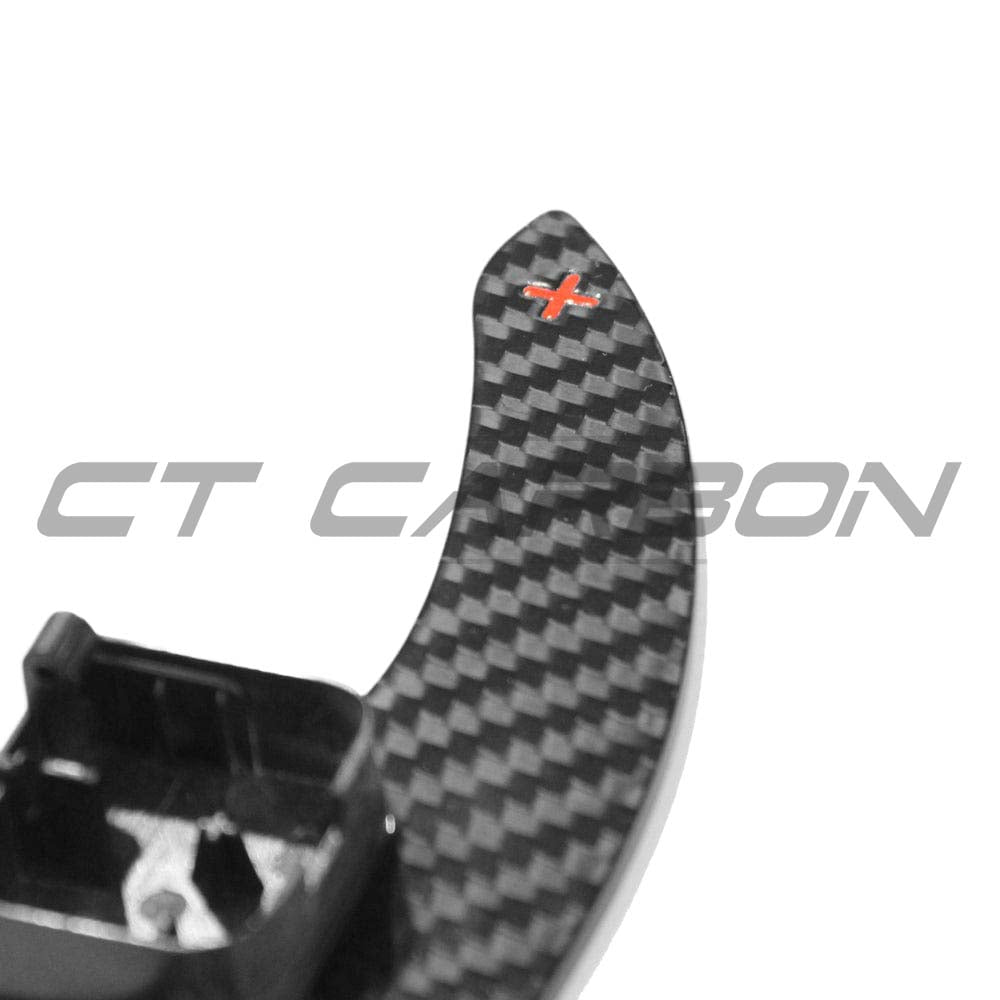 Audi A3/S3/RS3 8V carbon fiber shifter paddles by CT Carbon, showing sleek black carbon fiber with textured surface and ergonomic design.