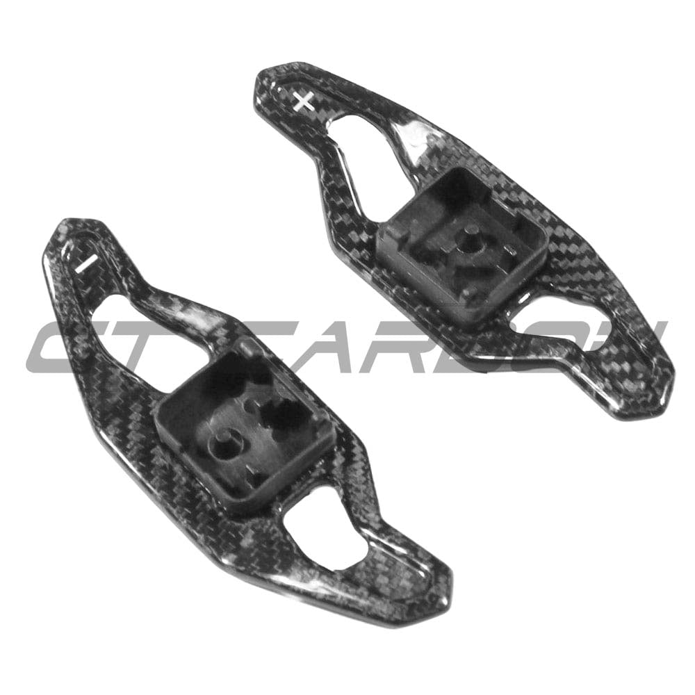 Carbon fiber shifter paddles for Audi A3, S3, RS3 8V models by CT Carbon, designed as accessories for sporty interior upgrades.