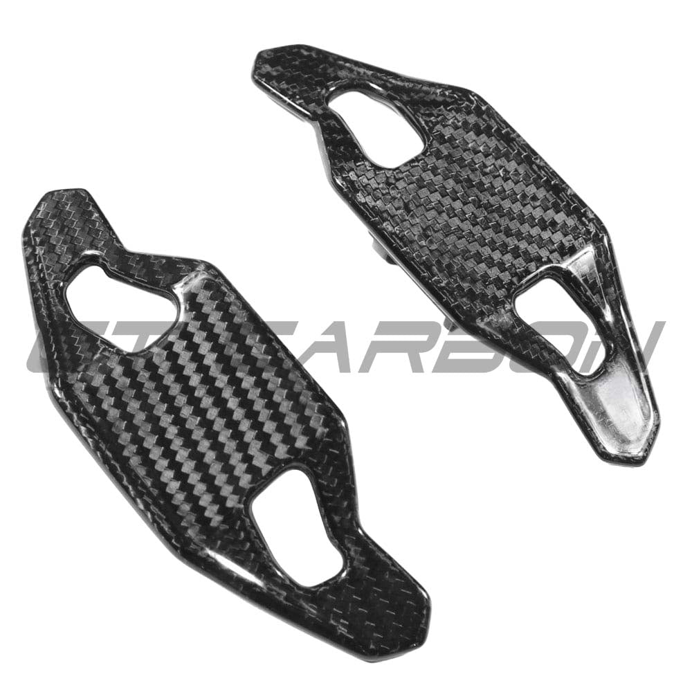 Carbon fiber shifter paddles for Audi A3, S3, RS3 8V models by CT Carbon, featuring a sleek V2 design for sporty interior upgrade.
