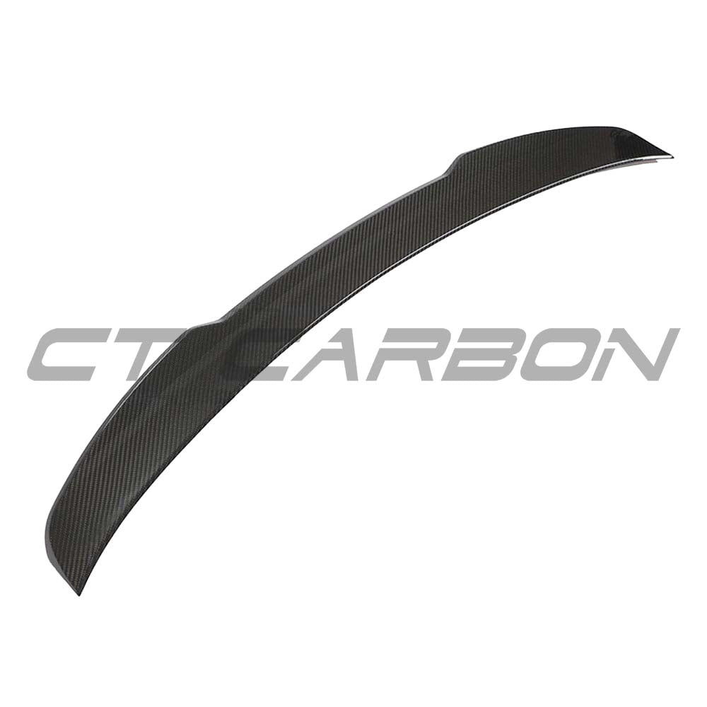 Carbon fibre spoiler for Audi A3/S3/RS3 8Y saloon by CT Design, shown mounted on rear of car with sleek finish.