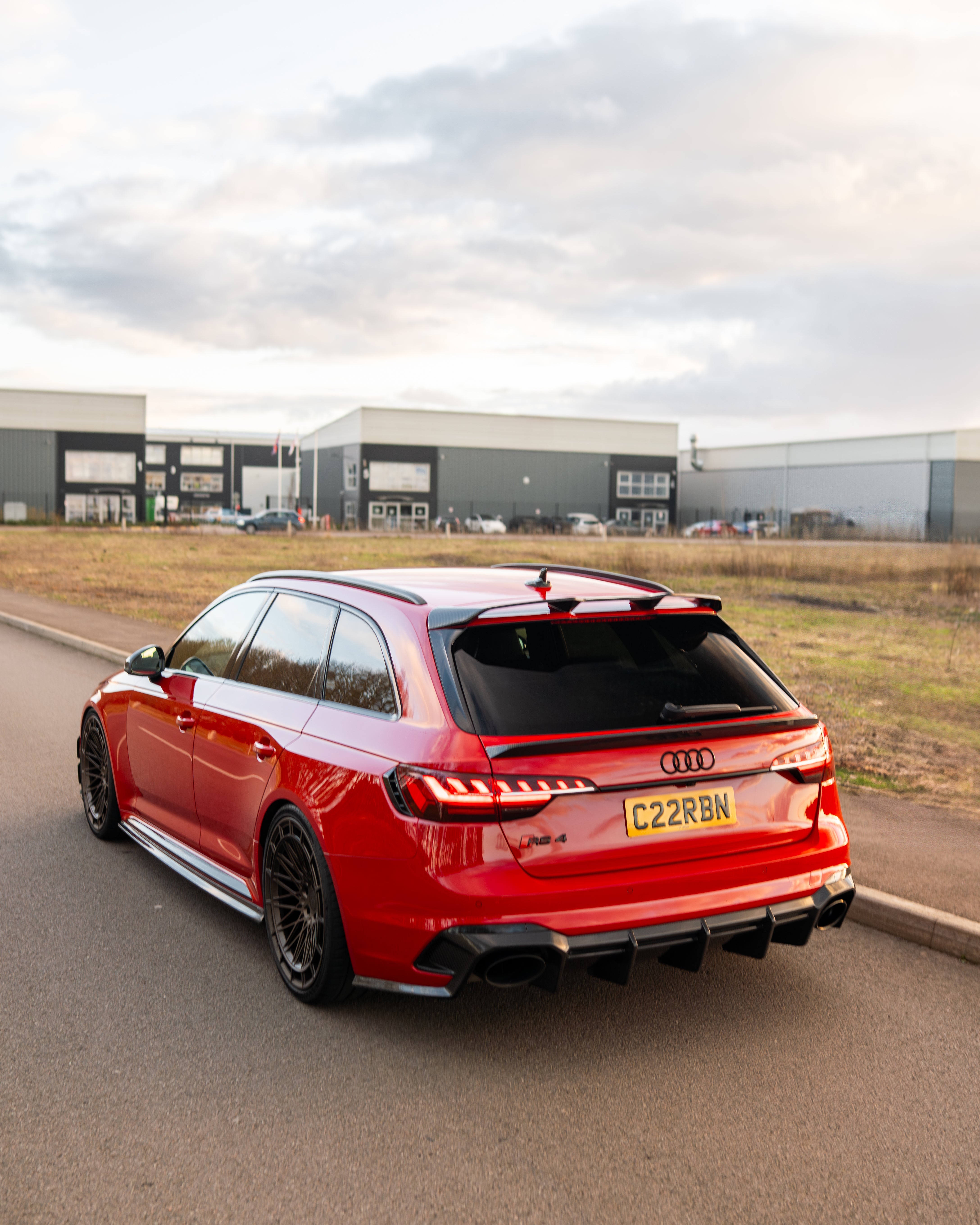 Audi RS4 B9 and B9.5 carbon fiber roof spoiler by CT Design, showing the sleek, aerodynamic design on a silver vehicle.