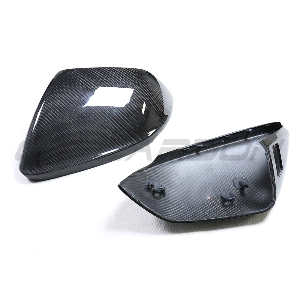 Carbon fibre side mirrors for Audi Q8, SQ8, RSQ8, and Lamborghini Urus with lane assist, by CT Carbon.