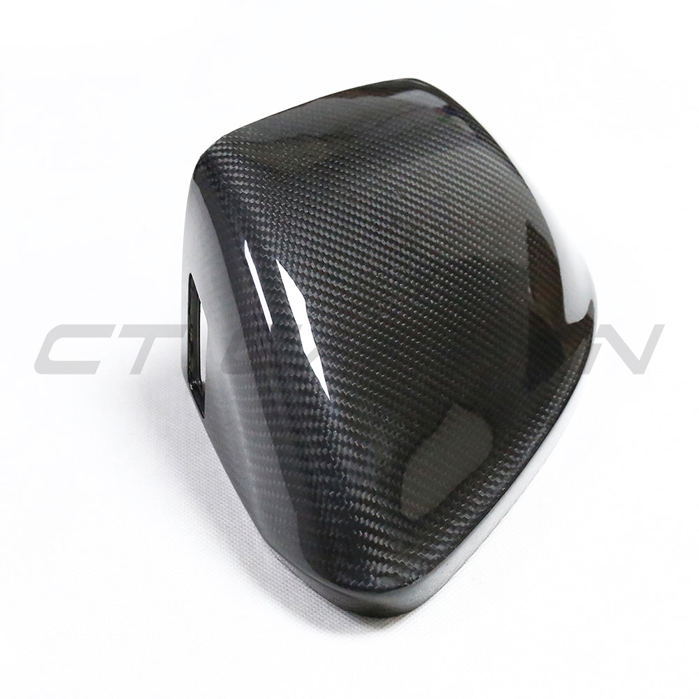 Carbon fibre side mirrors with lane assist for Audi Q8, SQ8, RSQ8, and Lamborghini Urus by CT Carbon, shown from the side angle.
