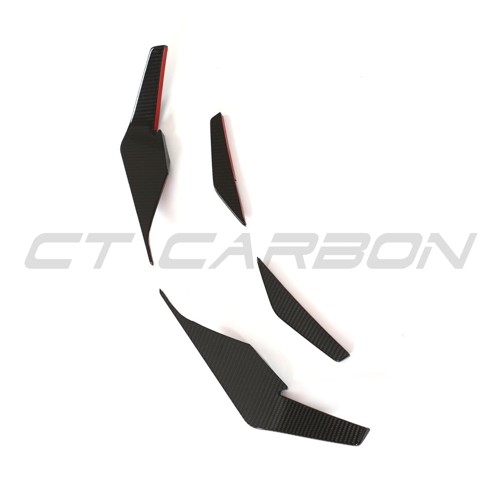 Carbon fiber front canards for Audi R8 V10 Gen 2.5 spoiler by CT Carbon, shown on the front of the sports car.