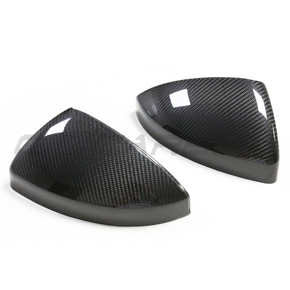 Carbon fiber side mirrors for Audi R8 and TT (2014-2024) with lane assist, featuring sleek black finish and modern design.