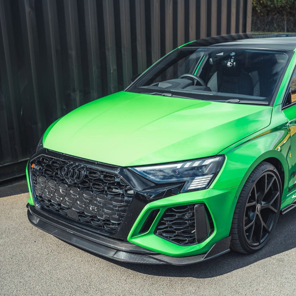 Carbon fibre splitter for Audi RS3 8Y (2022-2024) by CT Design, shown installed on the front bumper.