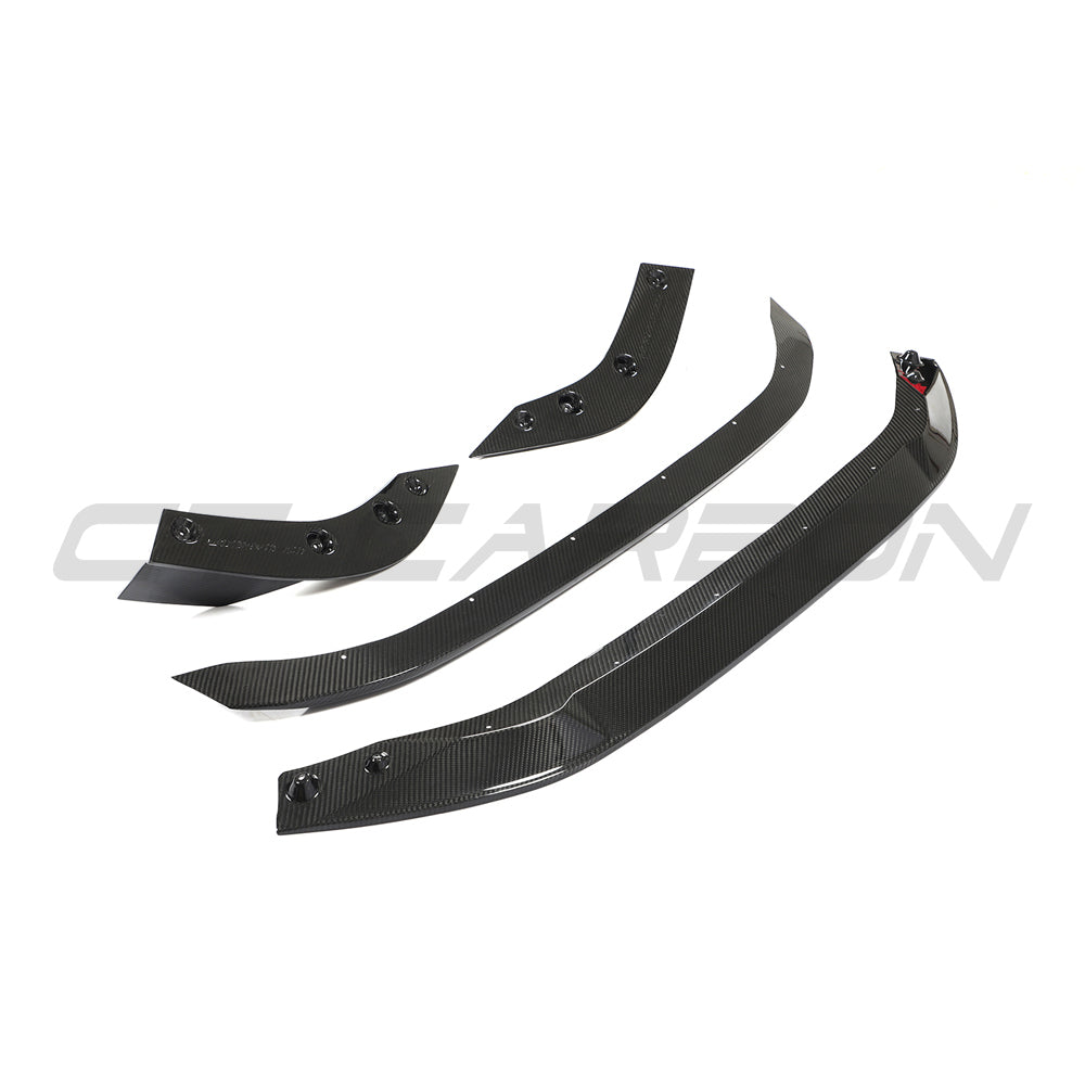 Carbon fiber splitter for Audi RS3 8Y 2022-2024 by CT Carbon, showing sleek design and textured carbon fiber surface.