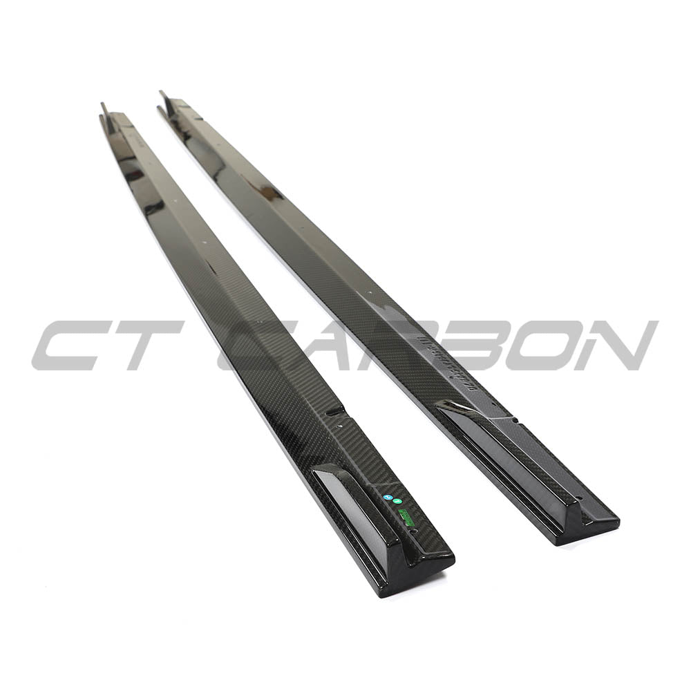 Carbon fibre side skirts for Audi RS3 8Y 2022+ by CT Design, shown on a sleek sporty vehicle.