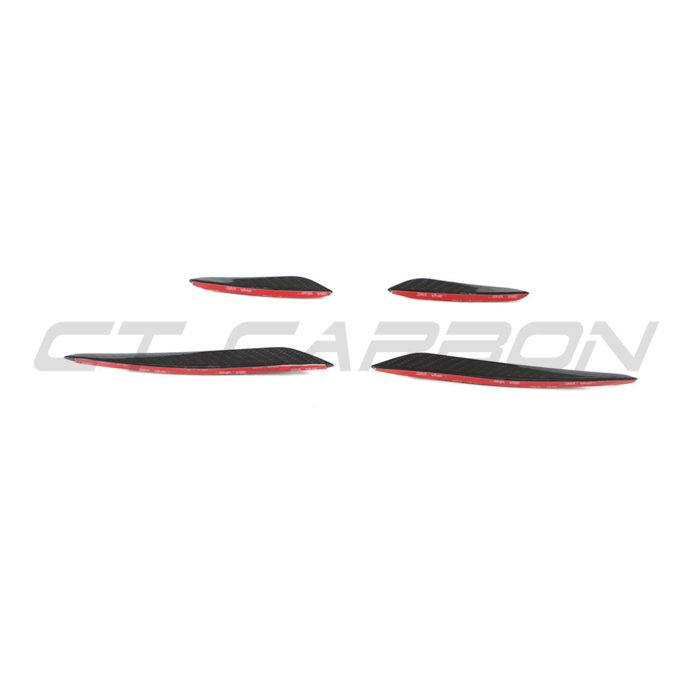 Audi RS3 8Y 2022-2024 carbon fibre front bumper canards by CT Design, close-up of aerodynamic car accessories.