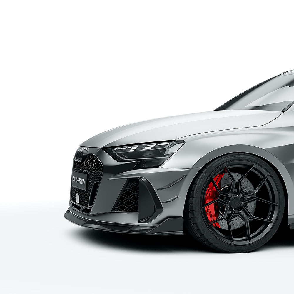 Full view of the CT Design carbon fiber kit on an Audi RS3 8Y 2025 facelift saloon, showcasing sleek carbon fiber details.