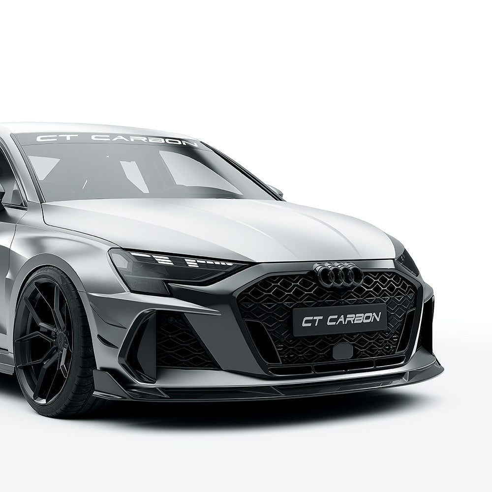 Full car carbon fiber kit for Audi RS3 8Y 2025+ facelift saloon by CT Design, featuring front splitter, side skirts, and rear diffuser.