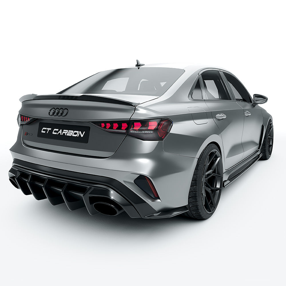 Full car image of CT Carbon Audi RS3 8Y 2025 facelift saloon kit showcasing carbon fiber body panels and aerodynamic design.