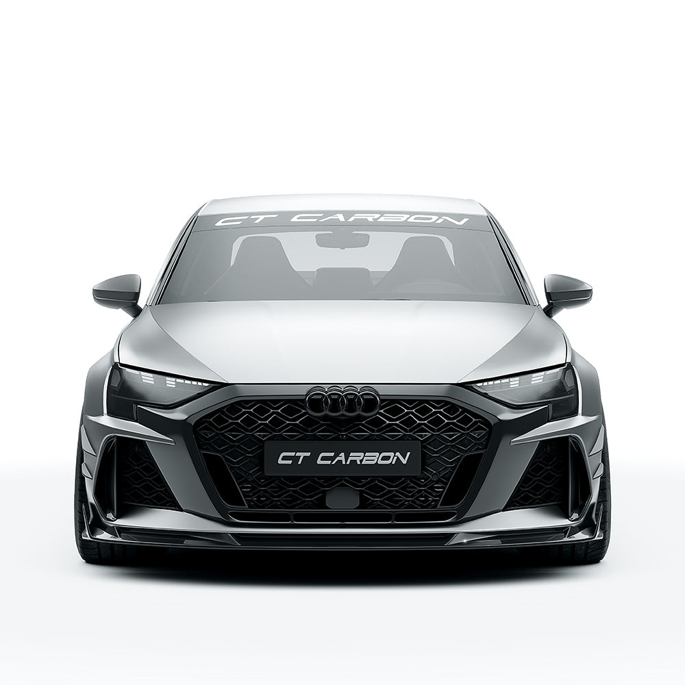 Full car carbon fiber kit for Audi RS3 8Y 2025+ facelift saloon by CT Design, showcasing sleek carbon fiber components.