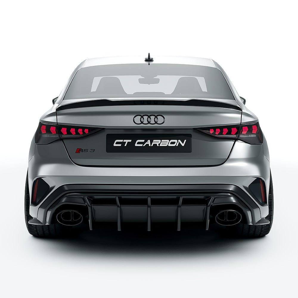Full carbon fiber body kit for Audi RS3 8Y 2025+ facelift saloon by CT Design, featuring front splitter, side skirts, and rear diffuser.