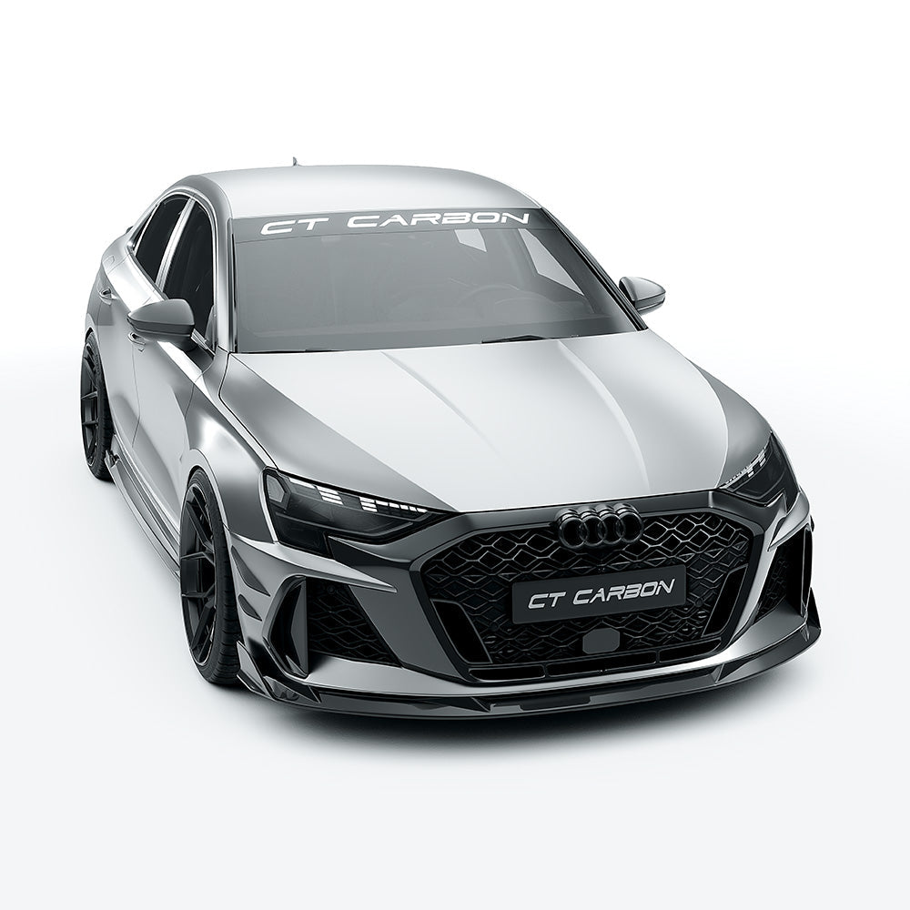 Full view of the CT Design carbon fiber kit installed on an Audi RS3 8Y 2025 facelift saloon, showcasing sleek carbon fiber details.