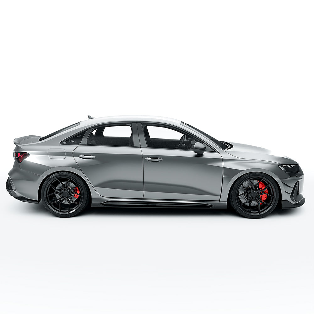Full car view of an Audi RS3 8Y 2025+ facelift saloon with CT Design carbon fiber kit installed, showing sporty exterior enhancements.