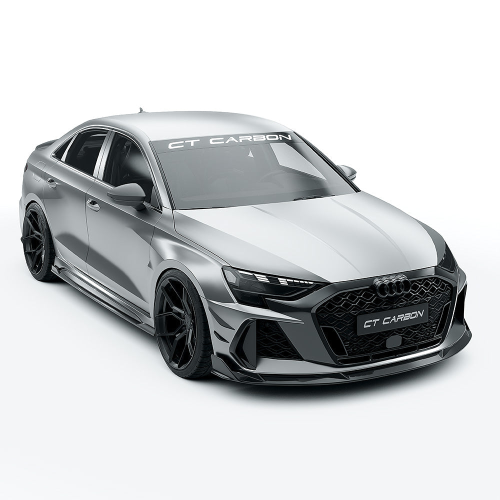 Full carbon fibre kit for Audi RS3 8Y 2025+ facelift saloon by CT Design, showing front bumper, side skirts, and rear diffuser.