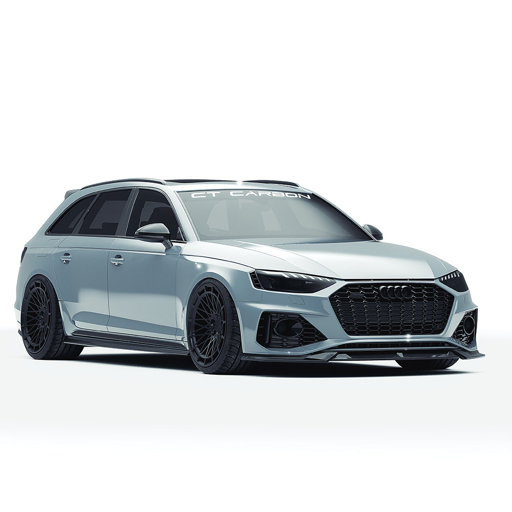 Audi RS4 B9.5 CT Design V2 carbon fibre kit, including front splitter, side skirts, and rear diffuser, made of lightweight carbon fibre.