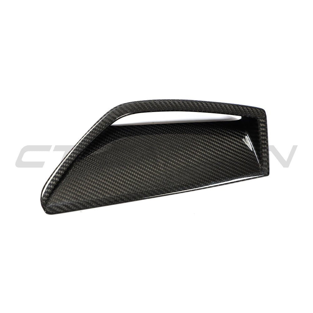 Carbon fiber front bumper vent trim for Audi RS6/RS7 C8 Avant by CT Carbon, shown installed on the vehicle's front bumper.