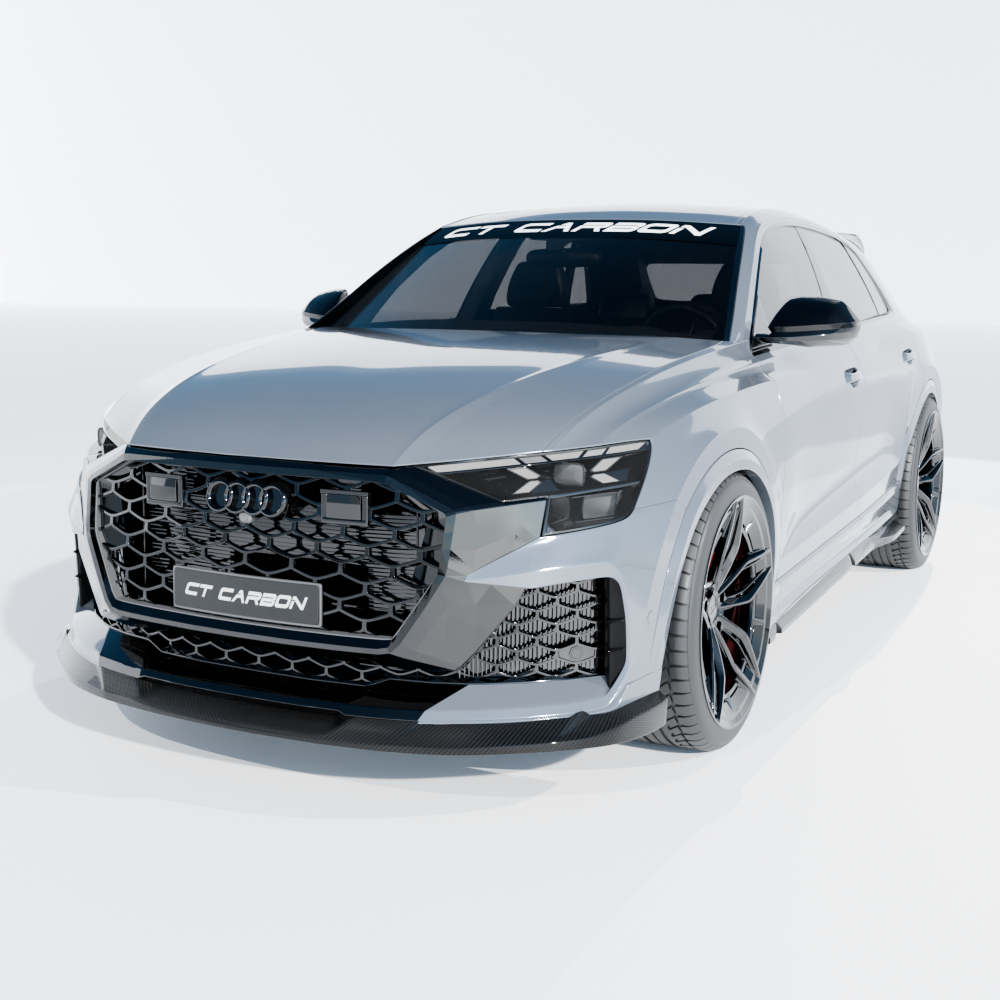 Audi RSQ8 facelift 2025 carbon fibre splitter by CT Design, showing the sleek aerodynamic front splitter for the vehicle.