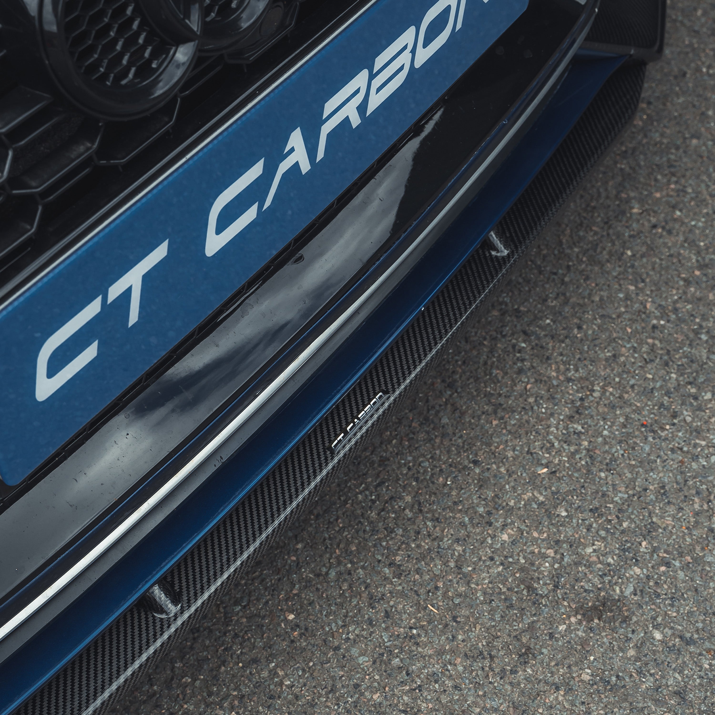 CT Carbon carbon fibre splitter for Audi A5 S5 B9 2017-2021, shown installed on the front of the vehicle.
