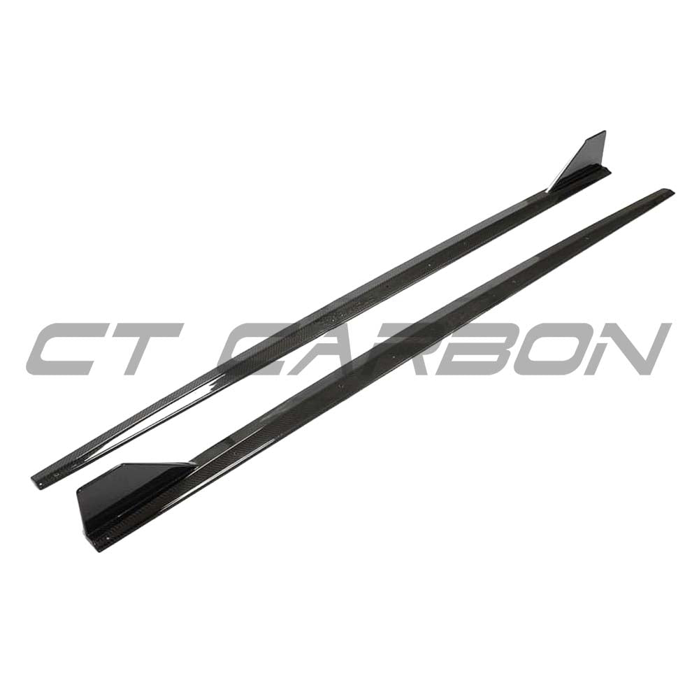 BMW 1 Series F40 2019-2024 CT Design full carbon fibre side skirts kit on a black car.