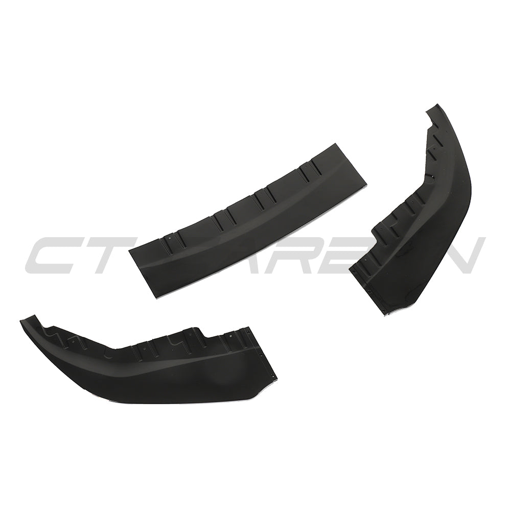 BMW 4 Series G26 and i4 splitter in gloss black by CT Carbon, showcasing the sleek aerodynamic design of the splitter.