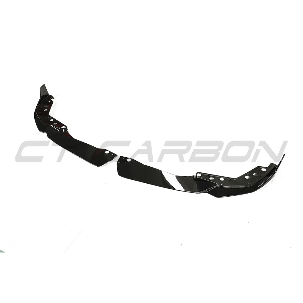 BMW 3 Series G20 G21 2022+ CT Carbon gloss black LCI splitter installed on front bumper.