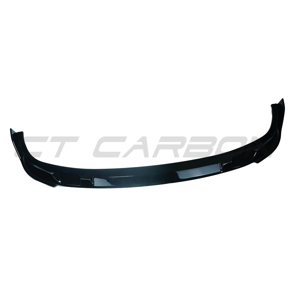 BMW 3 Series G20 G21 gloss black LCI splitter V2 by CT Carbon, showing a close-up of the sleek, aerodynamic car front splitter.