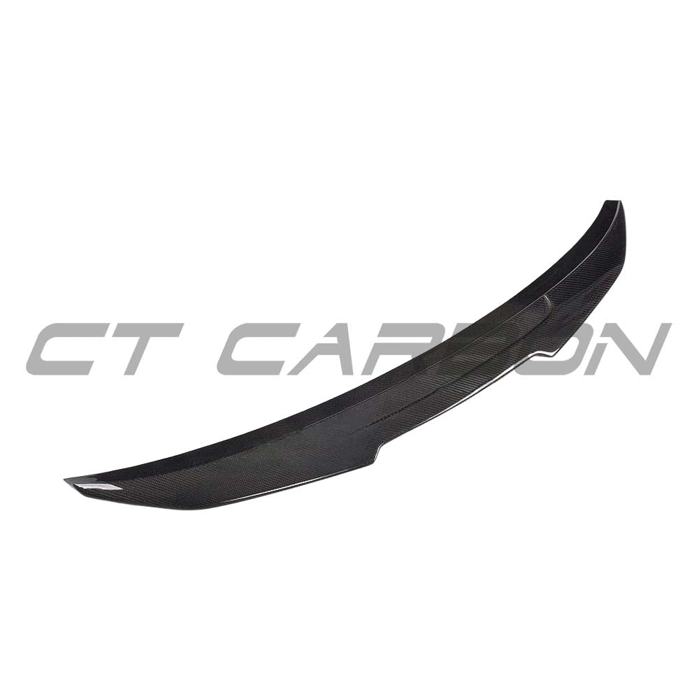 BMW M3 G80 G20 carbon fibre spoiler by CT Carbon, showcasing sleek V6 design on a sport coupe with a wet finish.