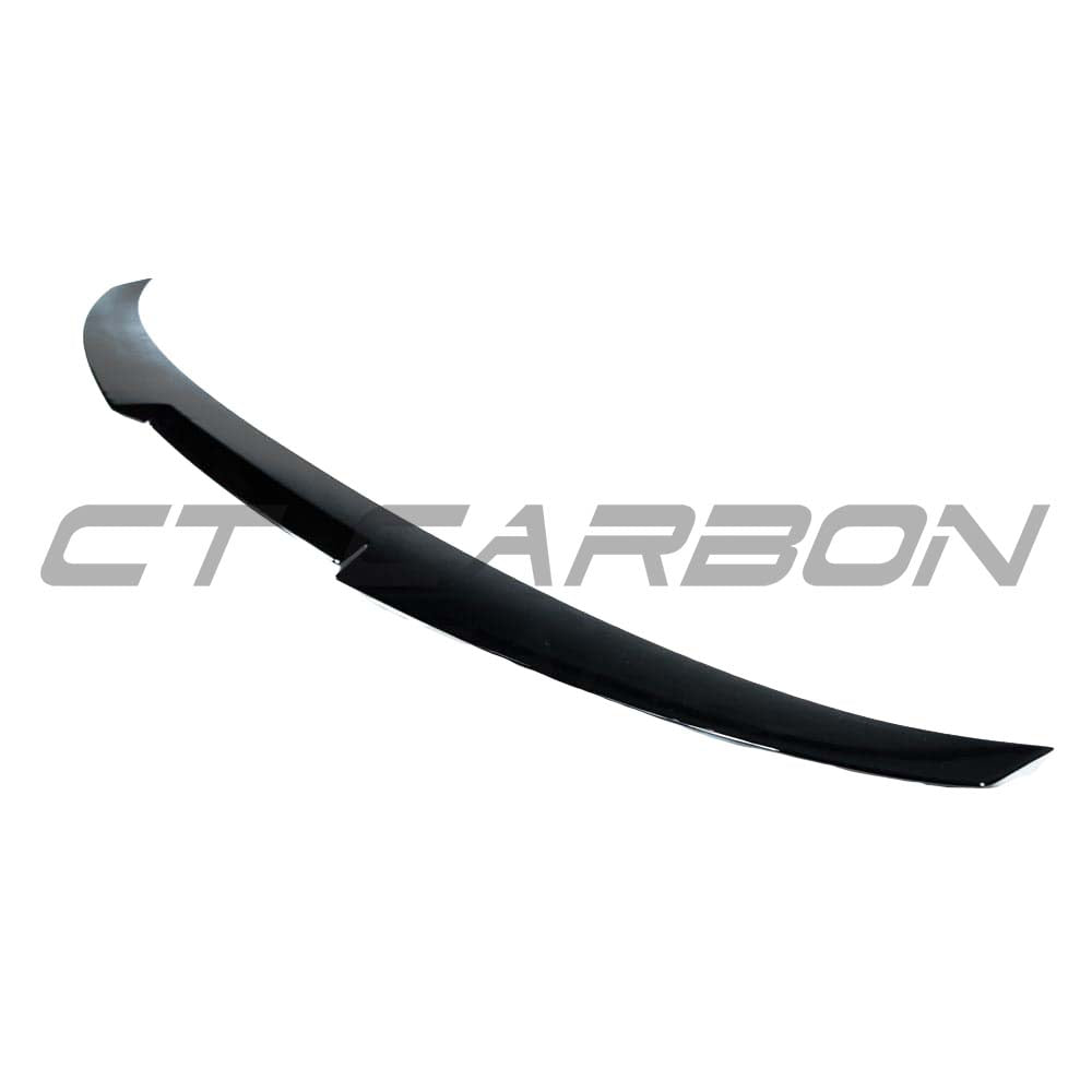 BMW 3 Series M3 F30 F80 gloss black spoiler by CT Carbon, V2 style, rear view highlighting sleek aerodynamic design.