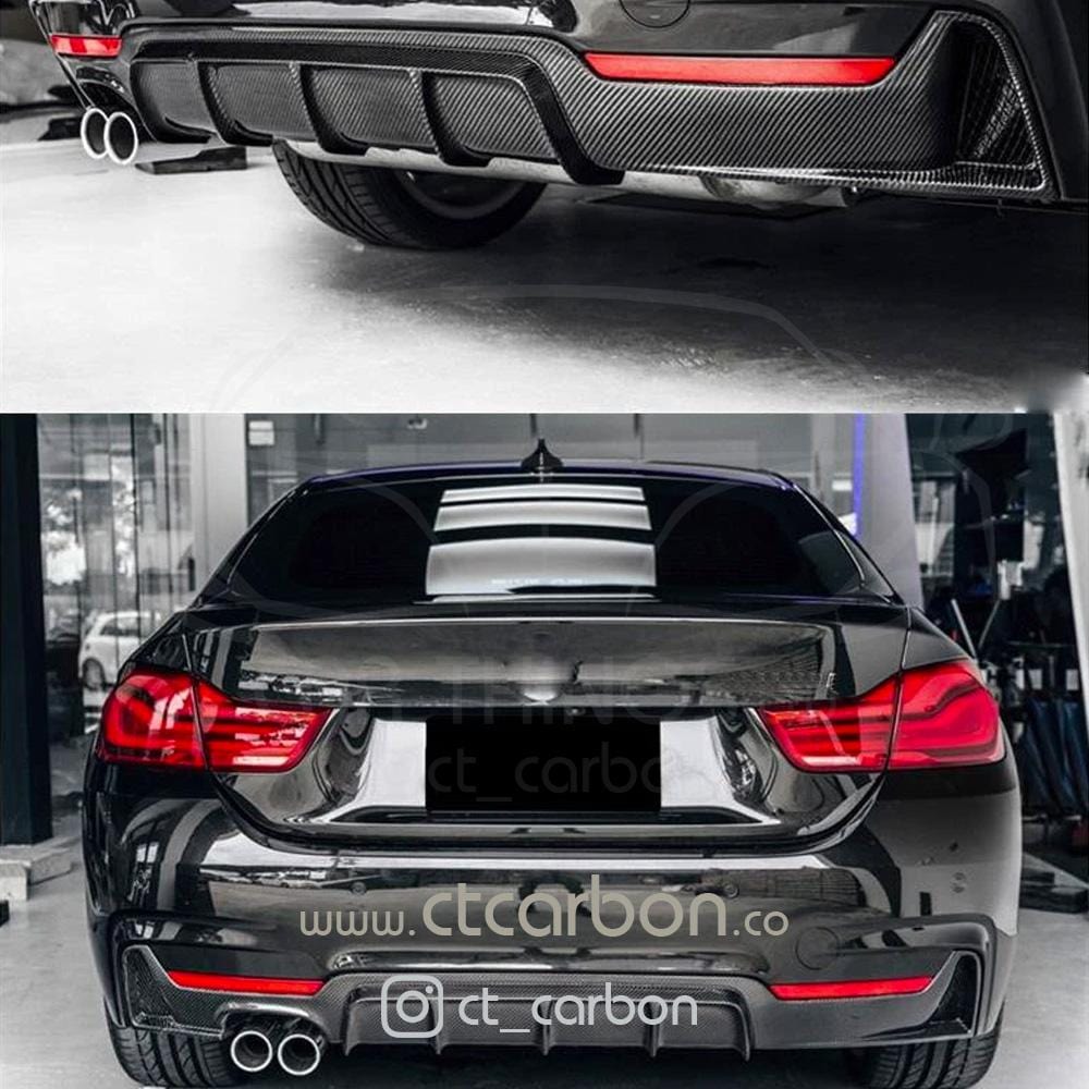 BMW F36 4 Series Coupe full carbon fiber kit by CT Carbon with twin exhaust, featuring sleek carbon fiber components and sporty design.