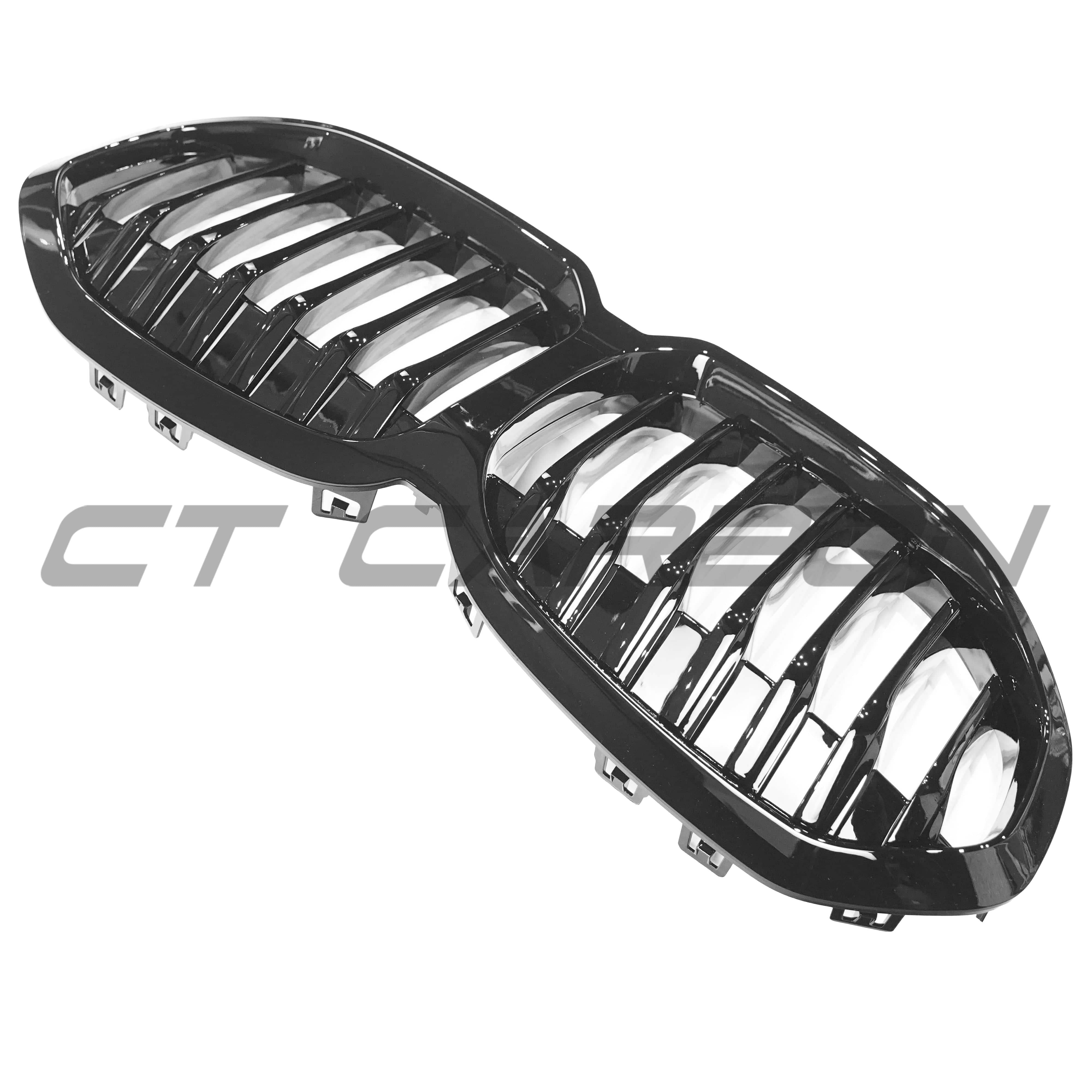 BMW F40 1 Series gloss black single slat grille by CT Carbon, close-up view of the sleek, black automotive grille design.