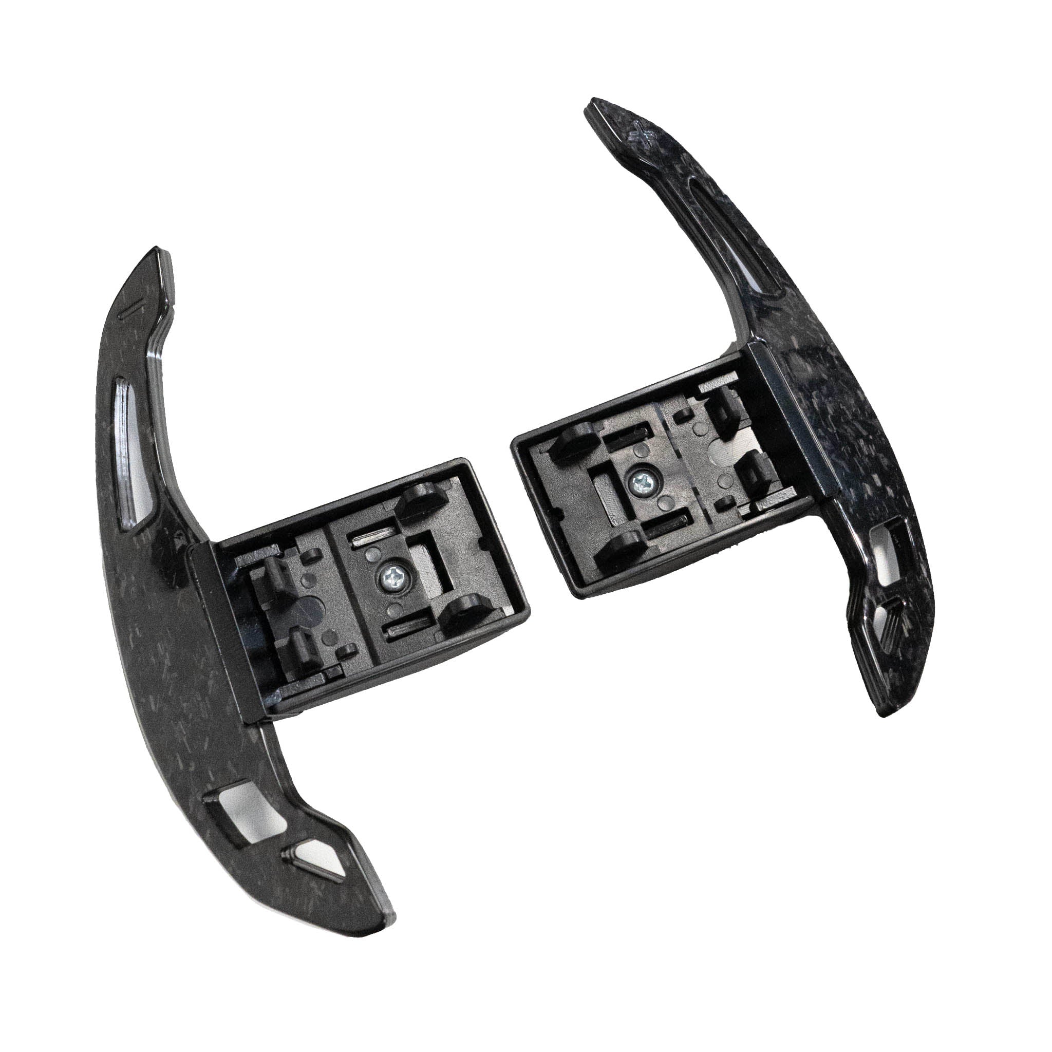 BMW Fxx forged carbon fiber shifter paddles by CT Carbon, showcasing sleek V3 design with textured carbon fiber surface.