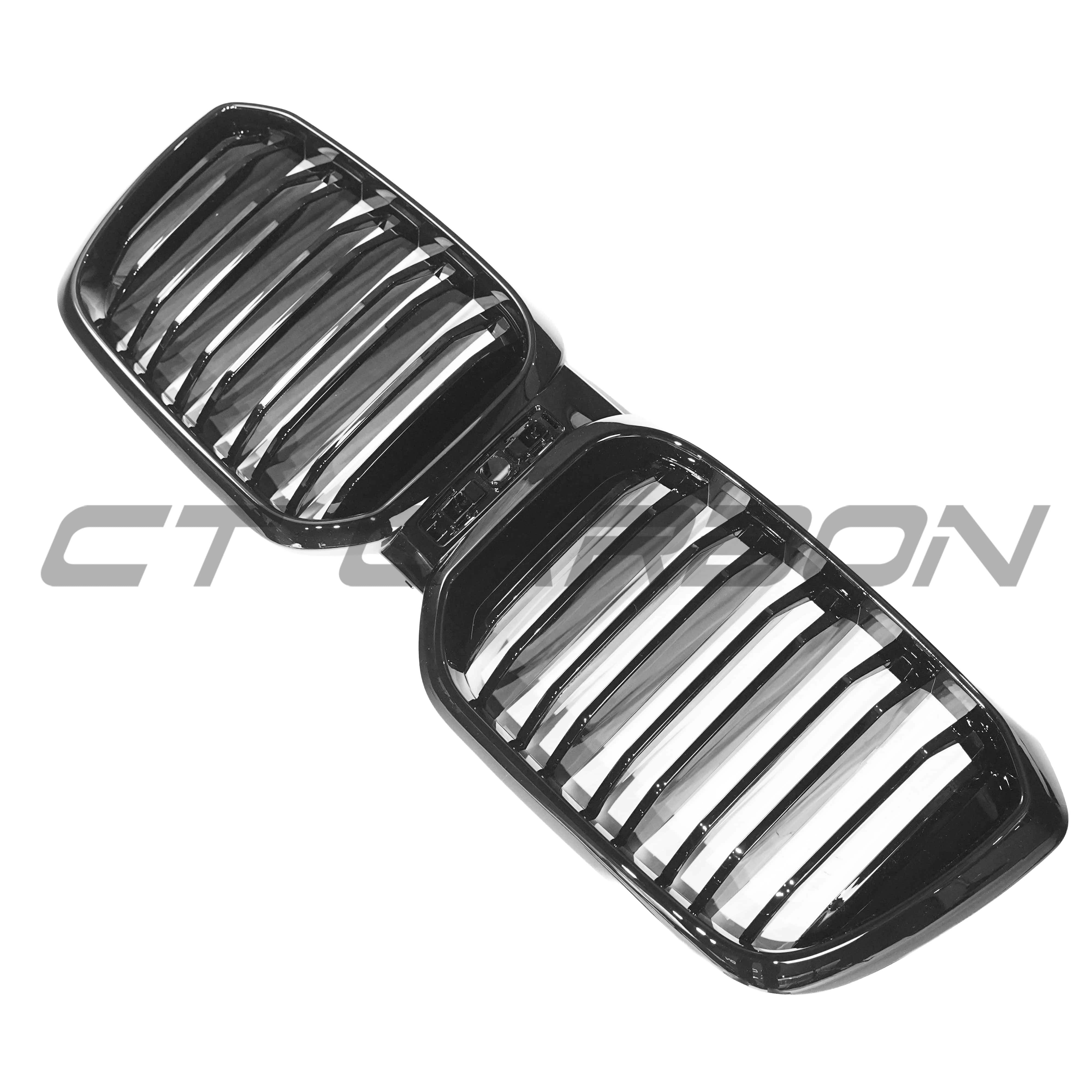 BMW G02 X4 and G01 X3 LCI 2021+ black double slat grille by CT Carbon, close-up view of sleek black grille design