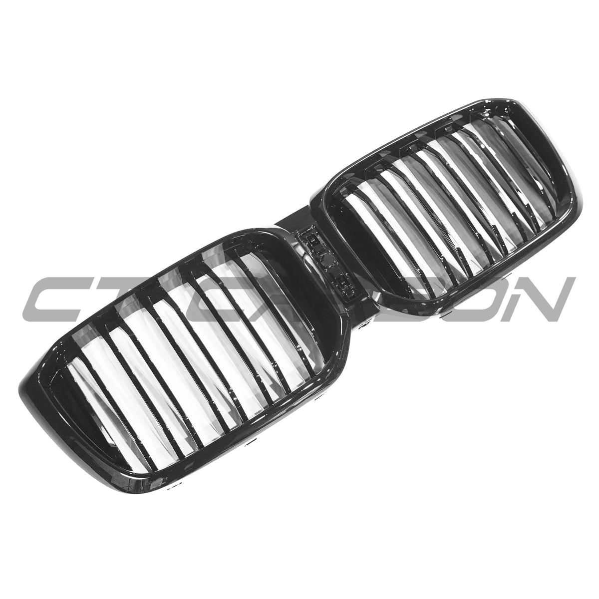 BMW G02 X4 and G01 X3 LCI 2021+ black double slat grille by CT Carbon, close-up view of the sleek automotive grille design.