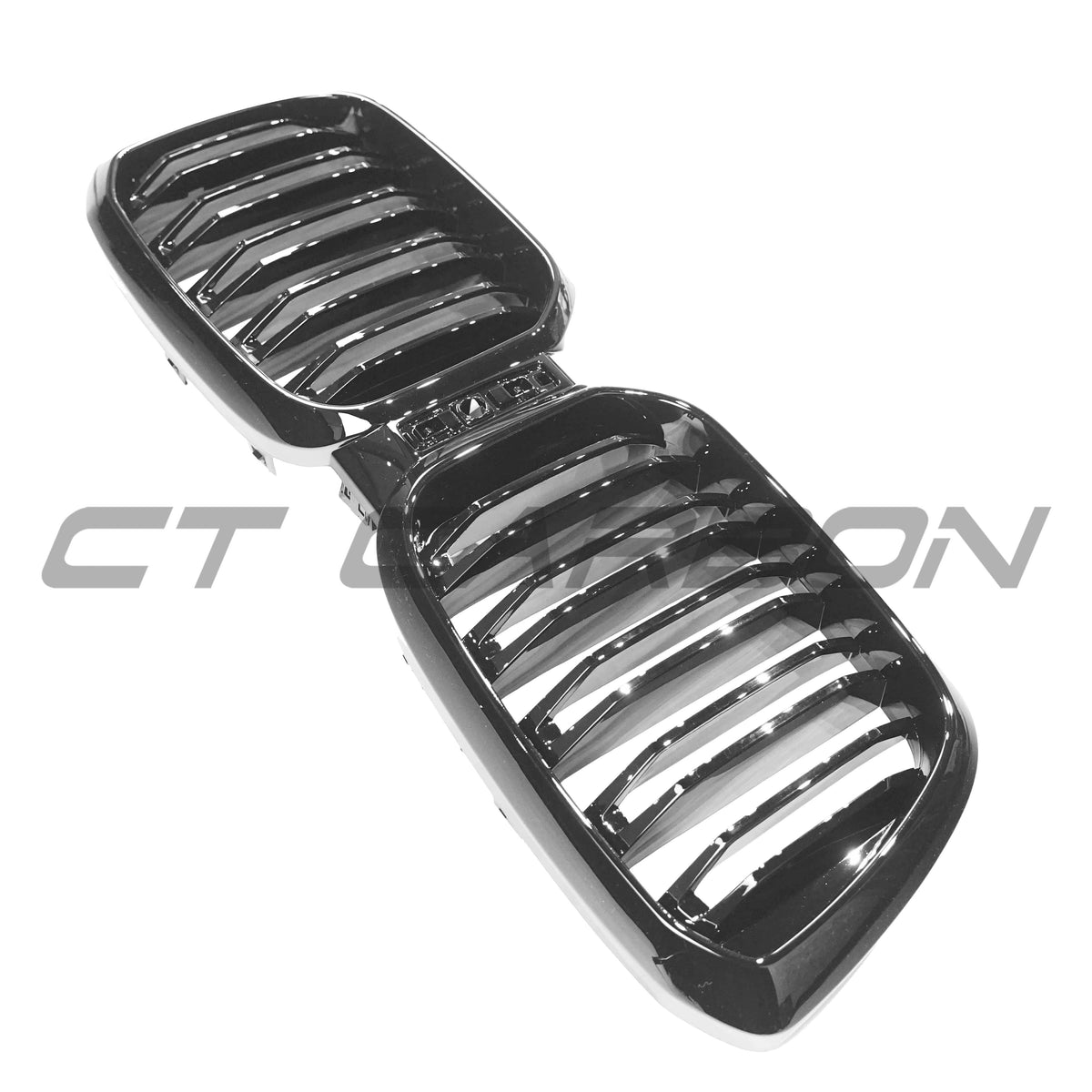 BMW G02 X4 and G01 X3 LCI 2021+ black double slat grille by CT Carbon, showing a close-up of the sleek front grille design.