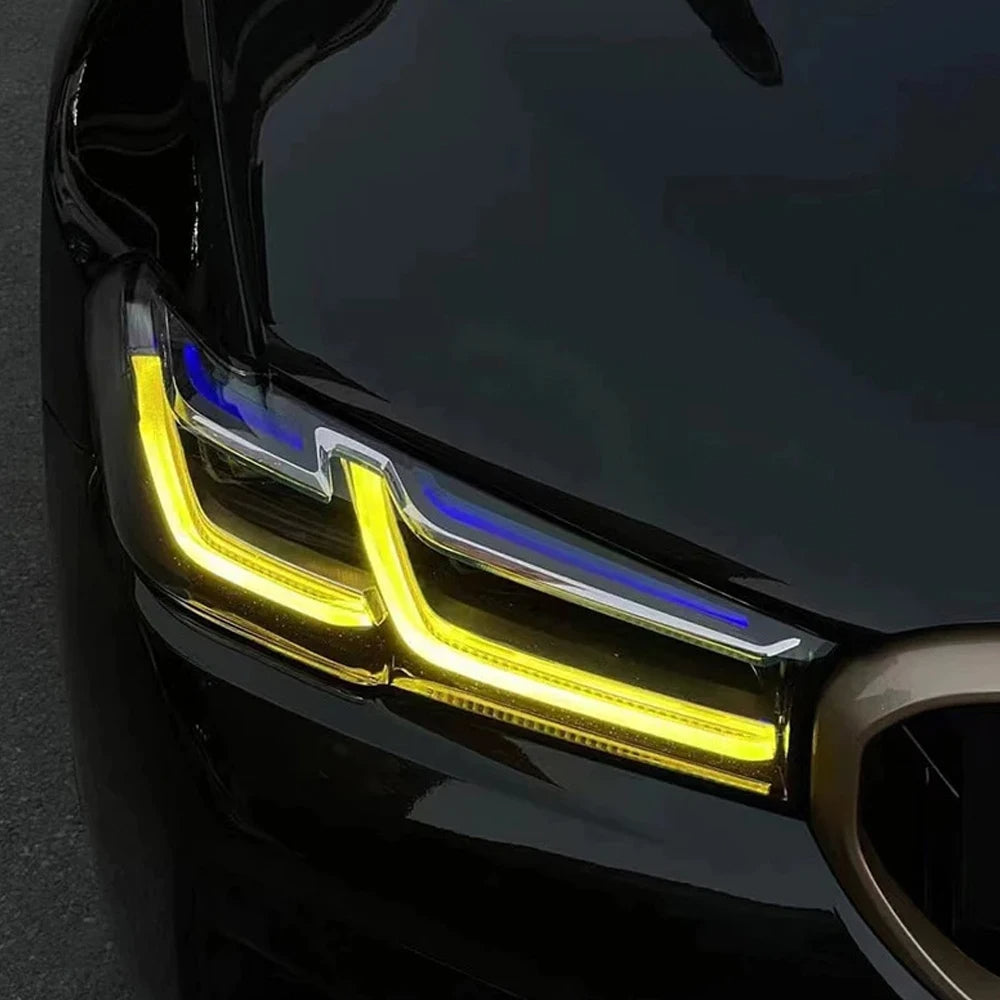 BMW G30 G31 5 Series LCI yellow adaptive DRL module set by CT Carbon, shown installed on the vehicle for 2021-2022 models.