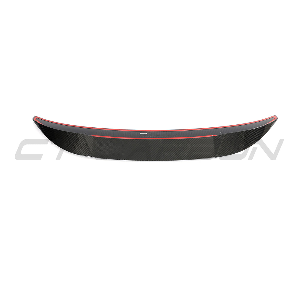 BMW G80 M3 and G20 3 Series carbon fibre spoiler by CT Design V2, featuring sleek aerodynamic design on a black car.