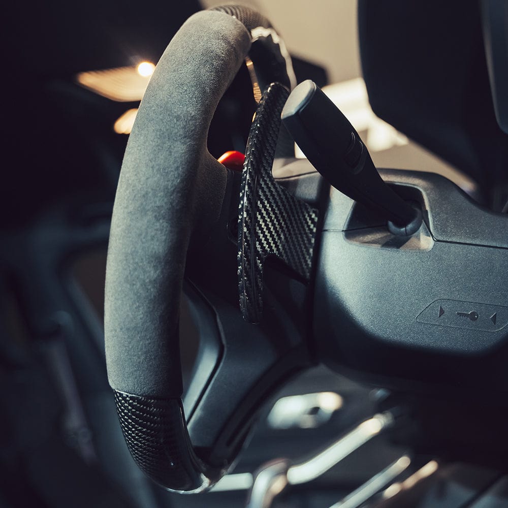 BMW GXX F40 carbon fiber shifter paddles by CT Carbon, close-up view showing sleek sporty design and textured carbon fiber surface.
