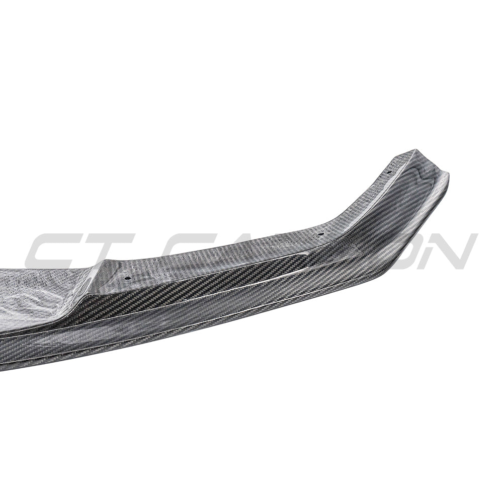 BMW M2 F87 N55 carbon fibre splitter by CT Carbon, V8 style, lightweight aerodynamic car accessory, shown from front angle.
