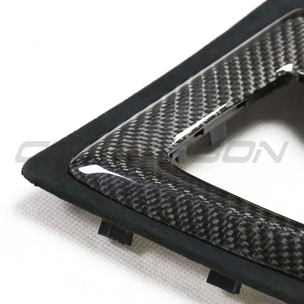 BMW M2C F87 ALCANTARA and carbon shifter surround accessory by CT Carbon, featuring black Alcantara and carbon fiber finish for interior upgrade.