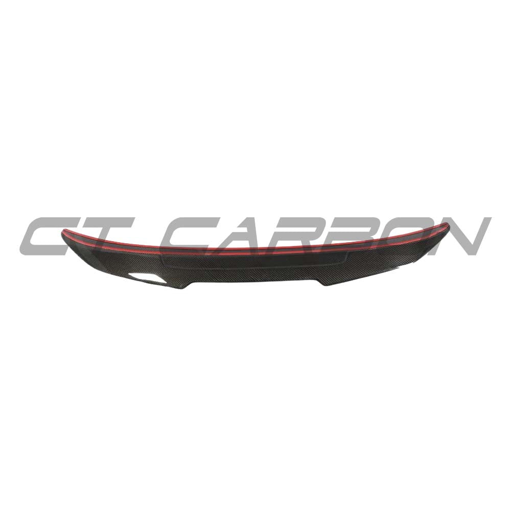 BMW M3 F80 and F30 3 Series carbon fiber spoiler by CT Carbon, V3 ducktail style, showcasing sleek aerodynamic design.