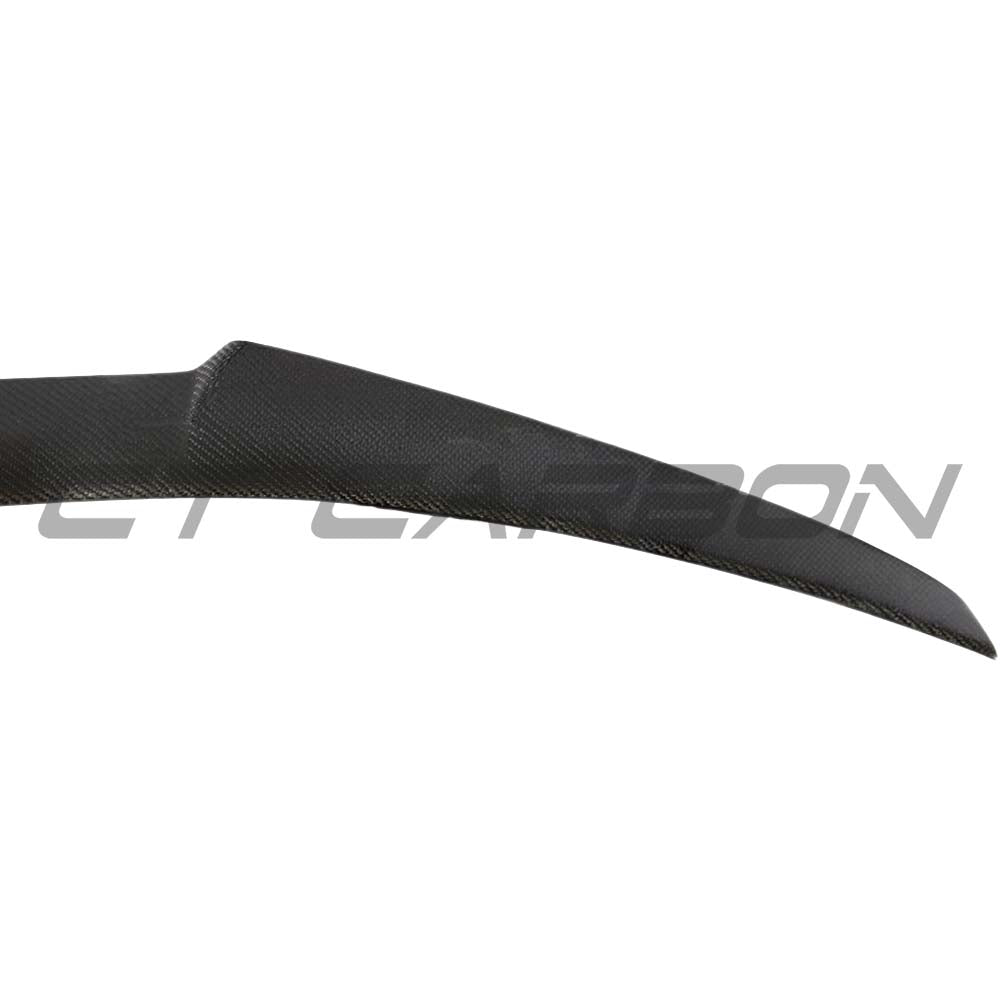 BMW F30 3 Series 2011-2019 full carbon fiber kit by CT Carbon, including V8 style spoiler on a black car.