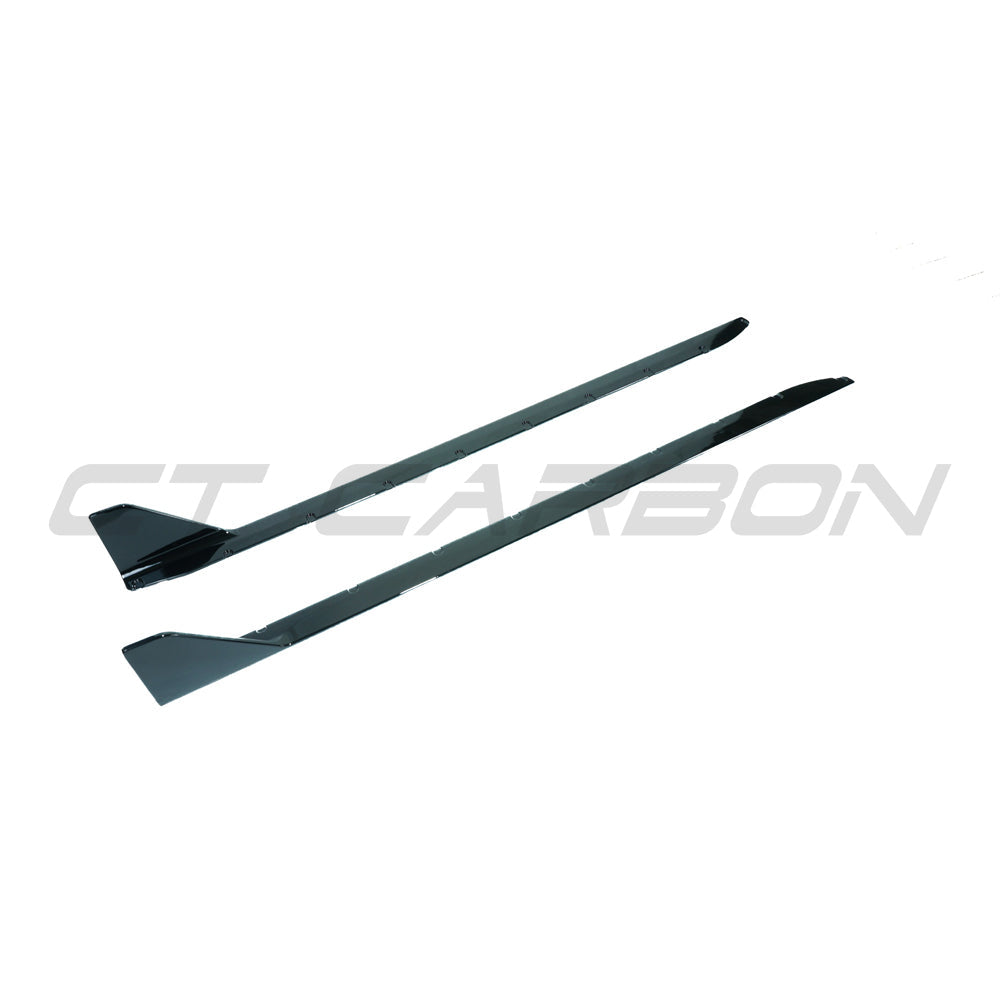 BMW M3 G80 G81 side skirts by CT Carbon in gloss black, featuring V1 style, installed on the vehicle's side profile.