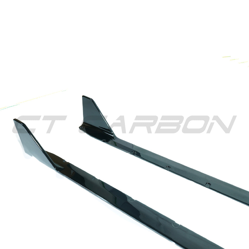 BMW M3 G80 G81 side skirts by CT Carbon in gloss black, V1 style, showing the sleek, aerodynamic design on the car.