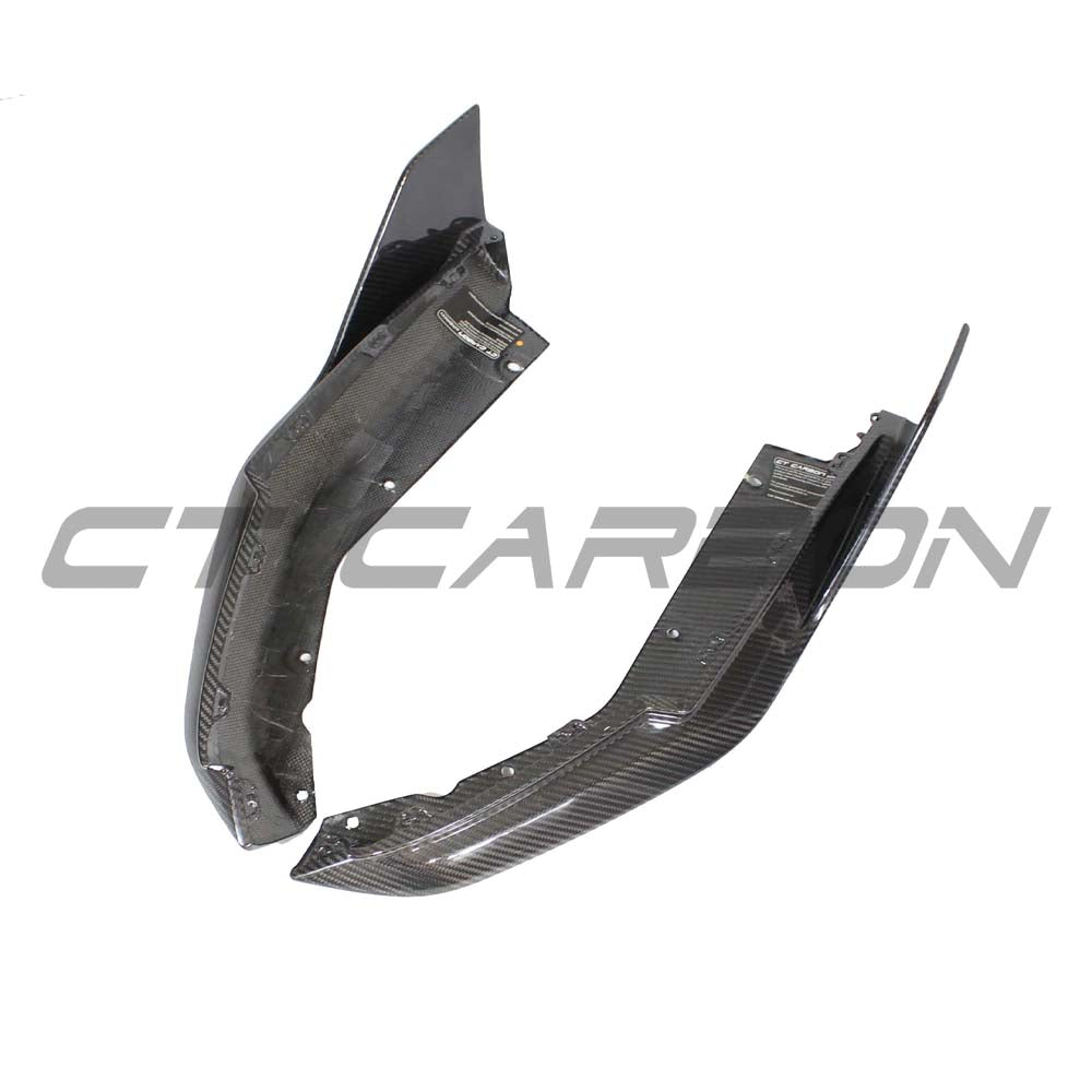BMW G80 G81 M3 carbon fibre rear bumper corners by CT Carbon, showcasing sleek V1 style accessories for enhanced sport look.