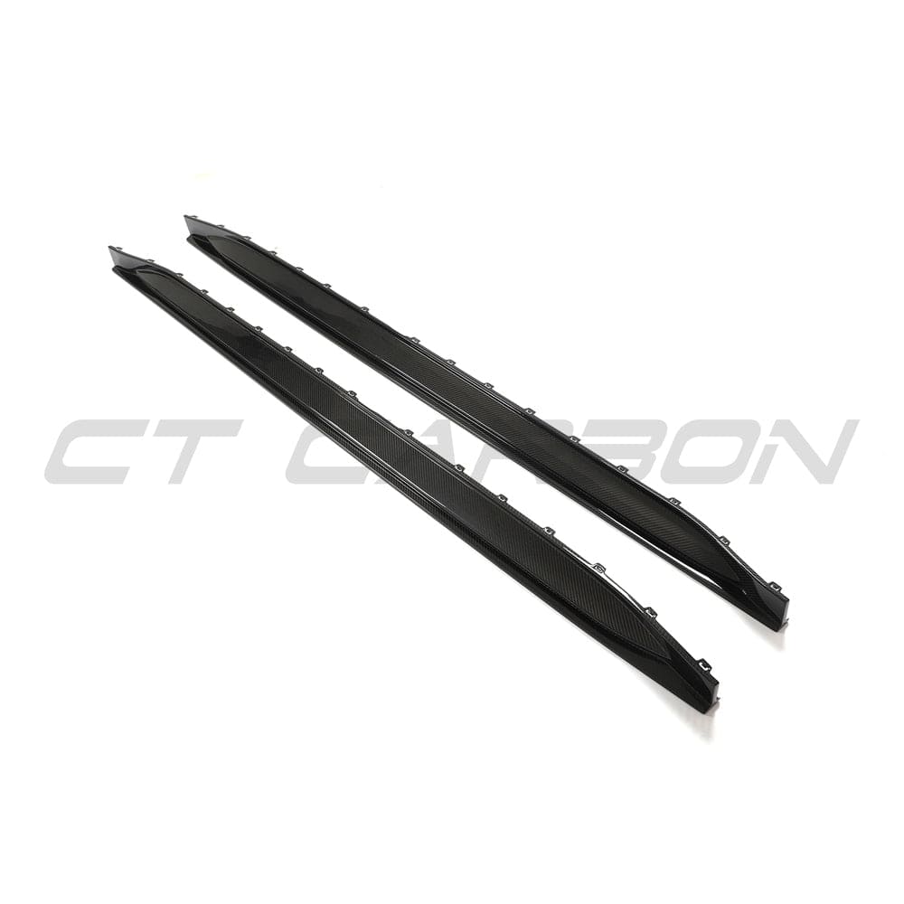 BMW M3 G80 G81 carbon fibre side skirt replacement by CT Carbon, V2 model, showcasing the sleek, lightweight design.