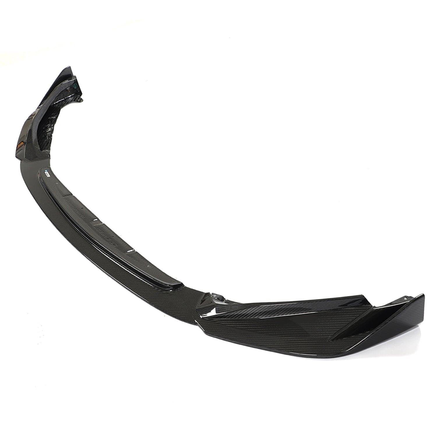 Black carbon fibre splitter for BMW M3 and M4 G80, G81, G82, G83 models by CT Carbon, designed for aerodynamic enhancement.