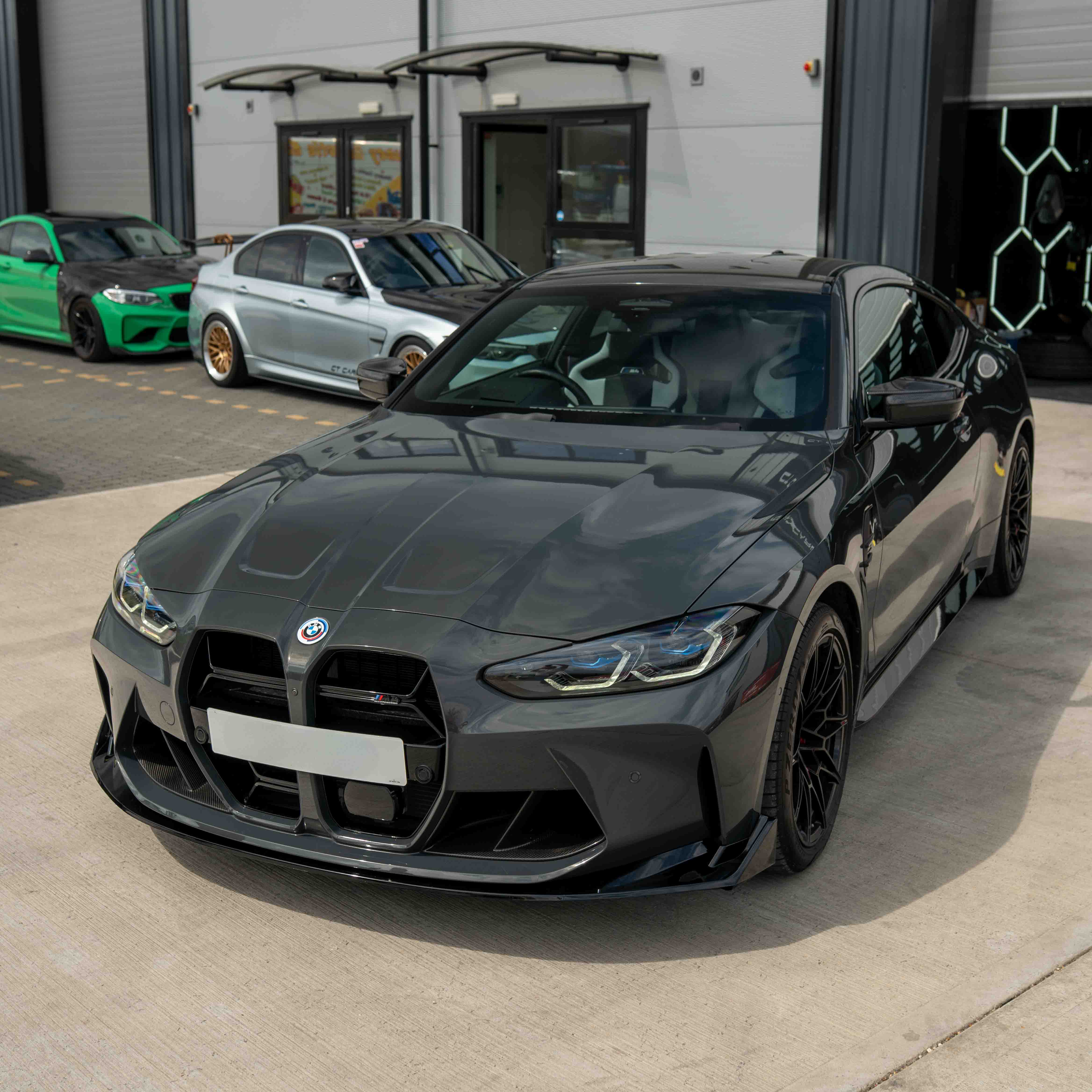 BMW M3 and M4 G80 G81 G82 G83 GLOSS BLACK Splitter by CT Carbon, CSL style, designed for aerodynamic performance.